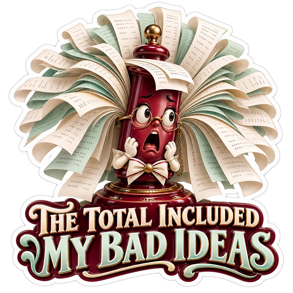 Burgundy Receipt Mascot with Fanned Paper Vinyl Decal Stickers