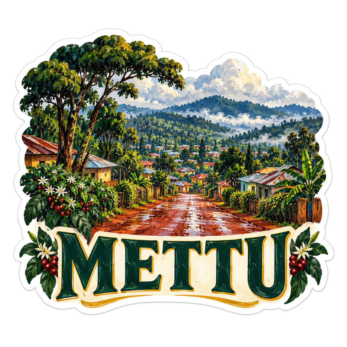 Mettu Rainy Street Forested Highlands Art Vinyl Decal Stickers