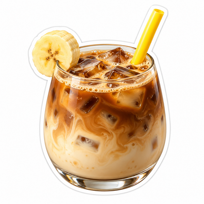 Banana Iced Coffee with Yellow Straw Vinyl Decal Stickers