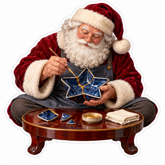 Santa Repairing a Blue Star Dish with Gold Lines Vinyl Decal Stickers