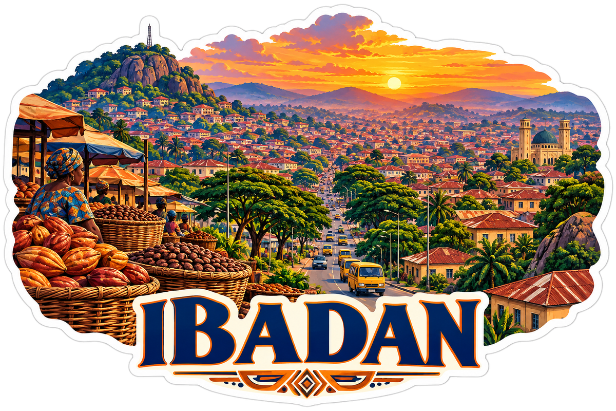 Ibadan Hillside City and Cocoa Market Sunset Vinyl Decal Stickers