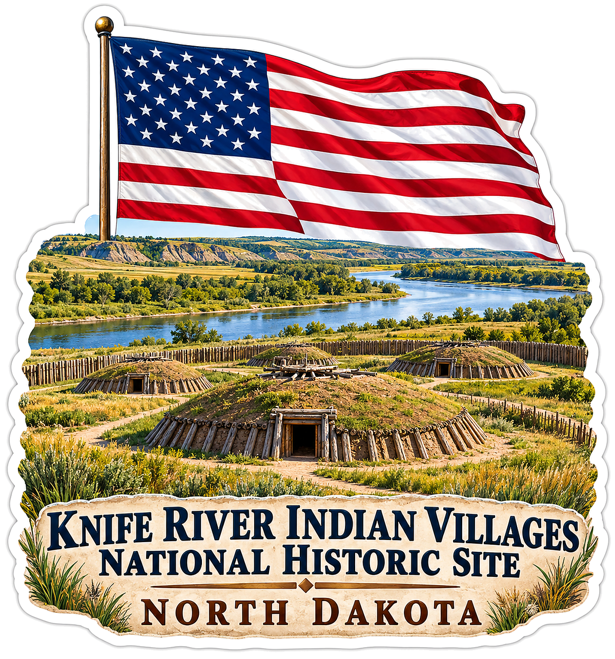 North Dakota Earth Lodges with US Flag Art Vinyl Decal Stickers