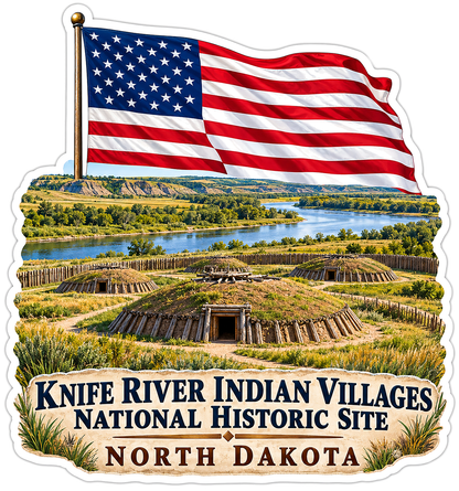 North Dakota Earth Lodges with US Flag Art Vinyl Decal Stickers