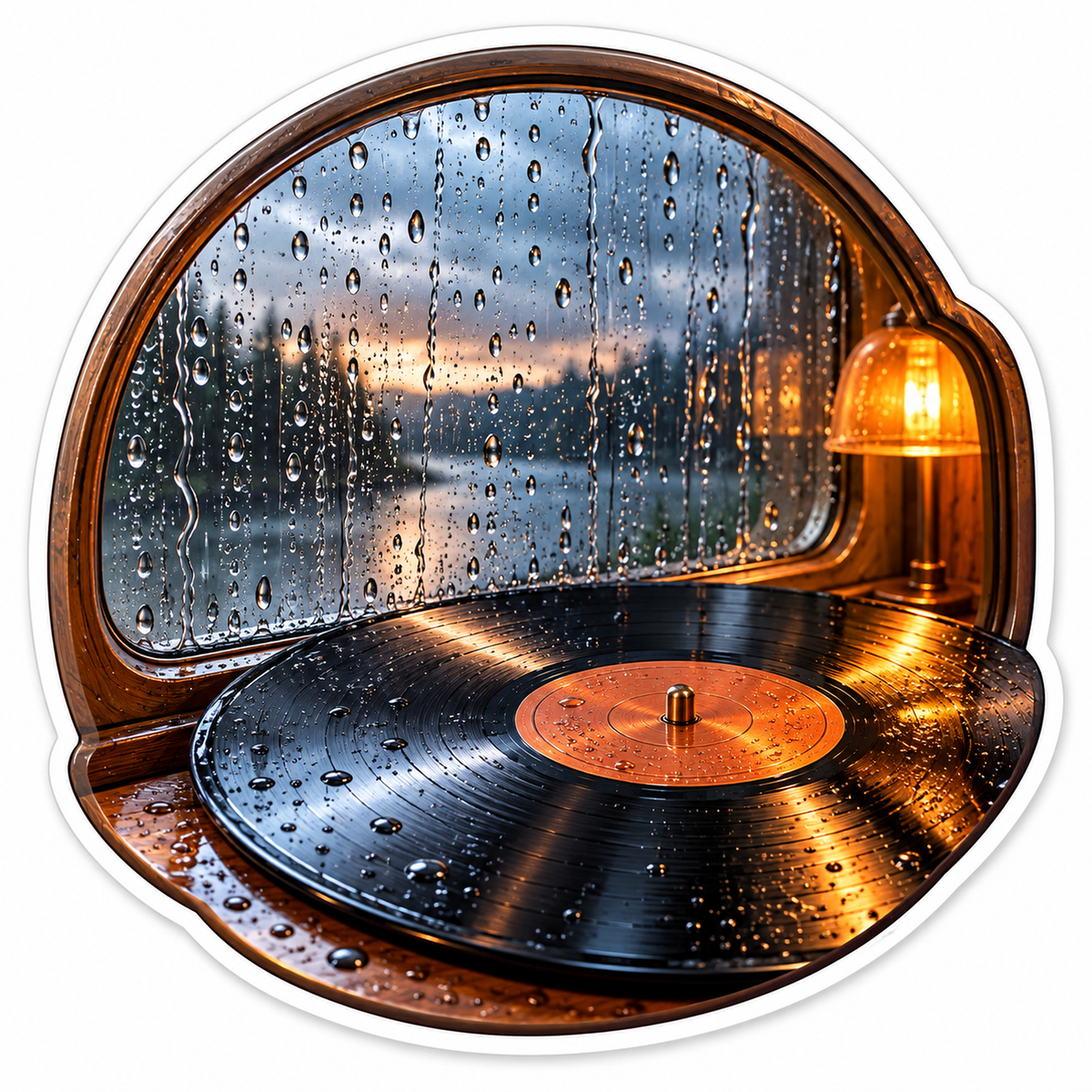 Record beside Rainy Window and Amber Lamp Vinyl Decal Stickers