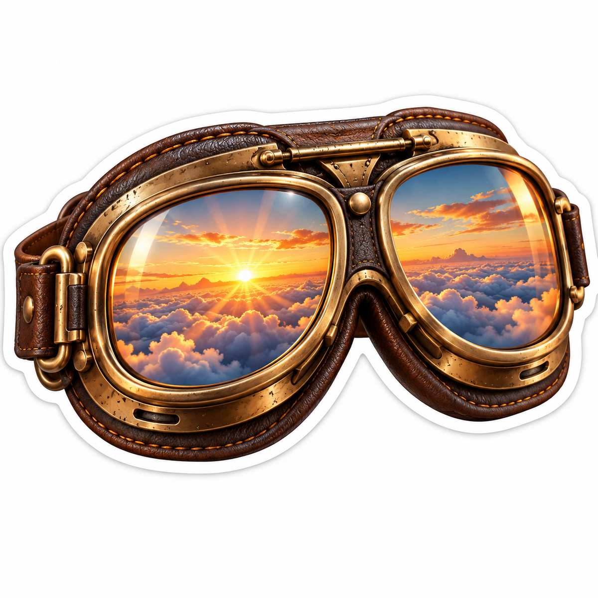 Brass Aviator Goggles With Cloud Sunset Art Vinyl Decal Stickers