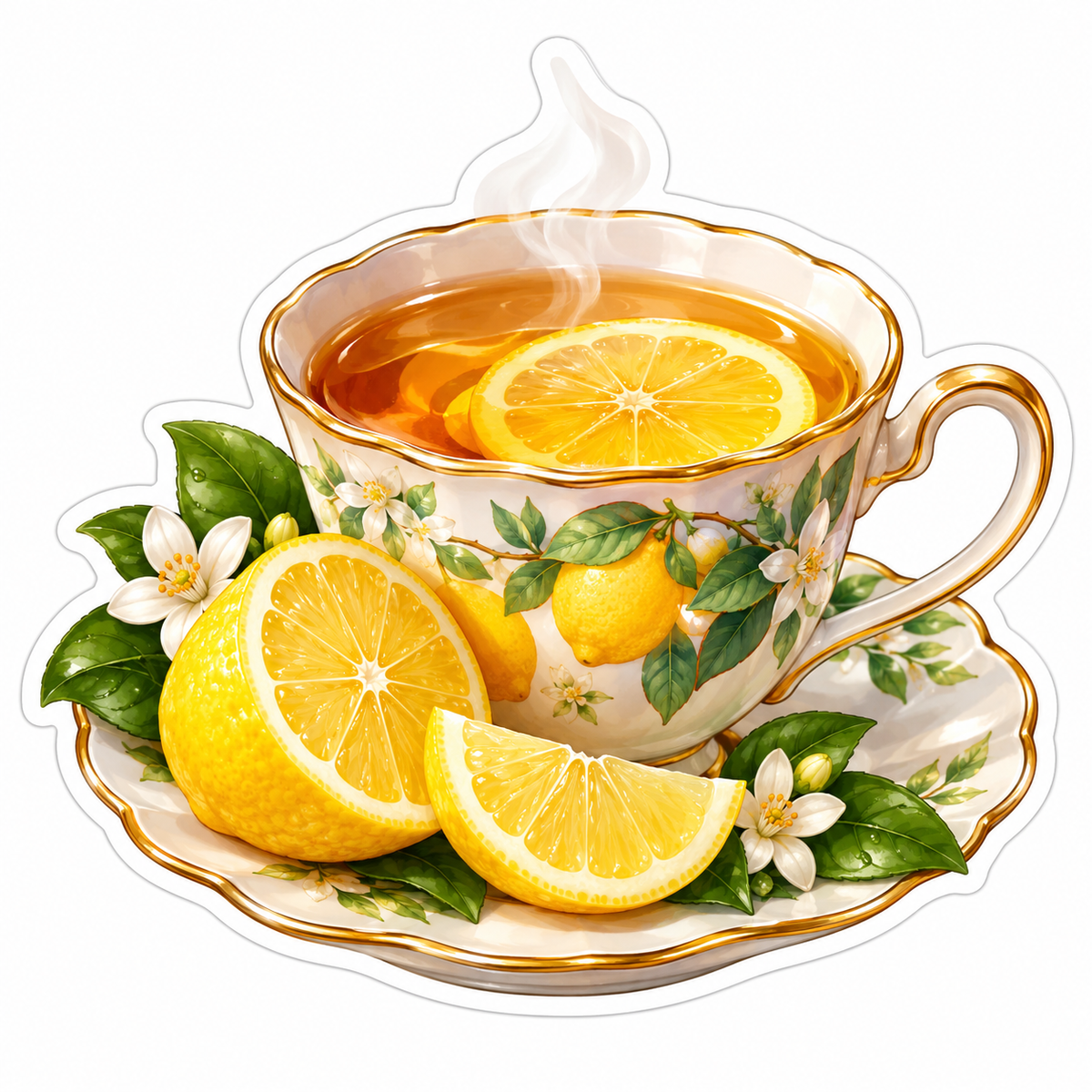 Lemon Tea in Floral Gold Trimmed Cup Vinyl Decal Stickers