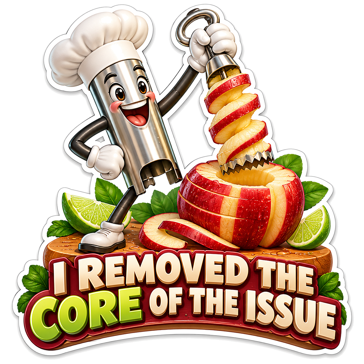 Smiling Apple Corer with Chef Hat Vinyl Decal Stickers