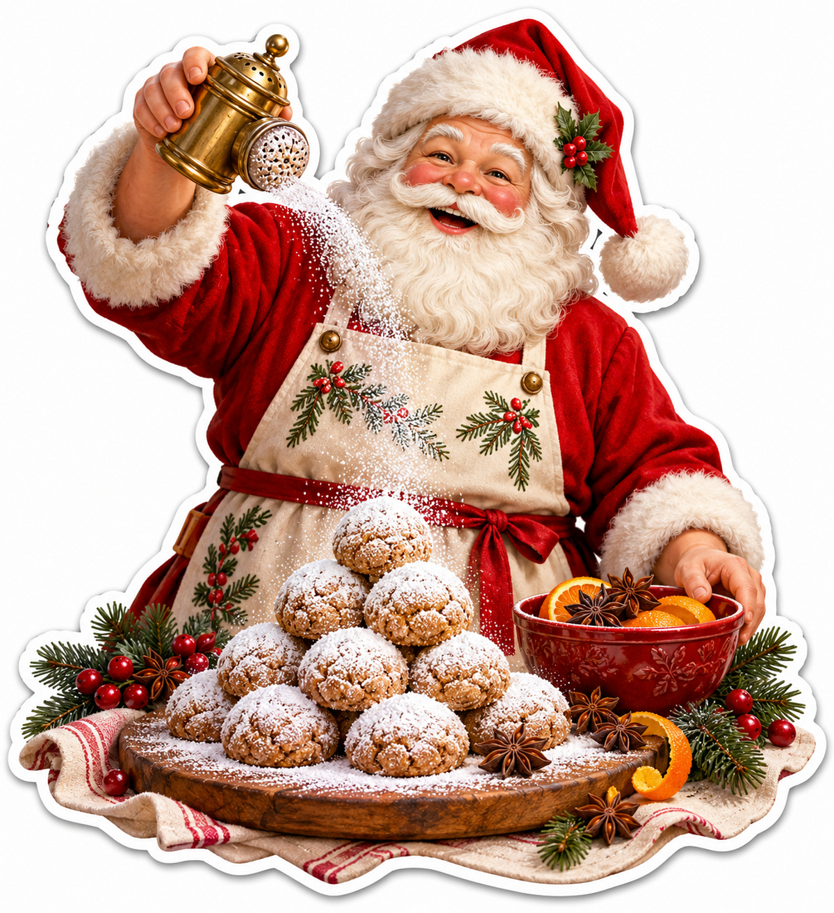 Santa Dusting a Round Cookie Tower with Sugar Vinyl Decal Stickers