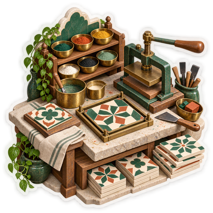 Green Pattern Tile Press and Pigment Bowls Vinyl Decal Stickers