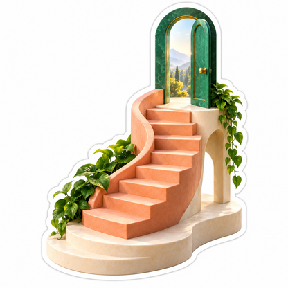 Peach Curved Staircase to Green Door and Vines Vinyl Decal Stickers