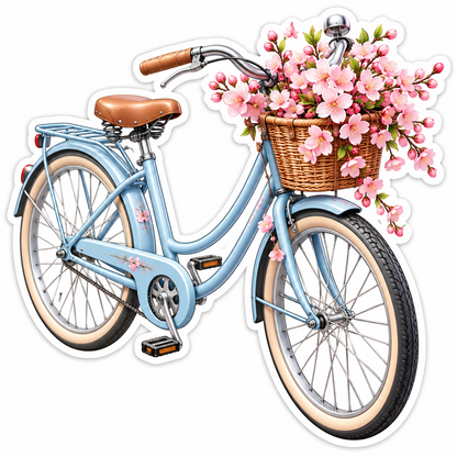Blue Bicycle with Pink Blossom Basket Vinyl Decal Stickers