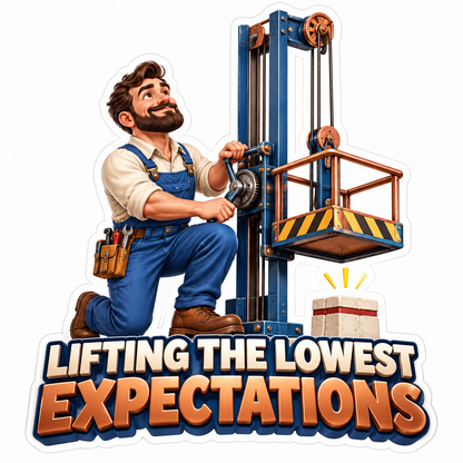 Man Adjusting Blue Platform Lift Mechanism Vinyl Decal Stickers