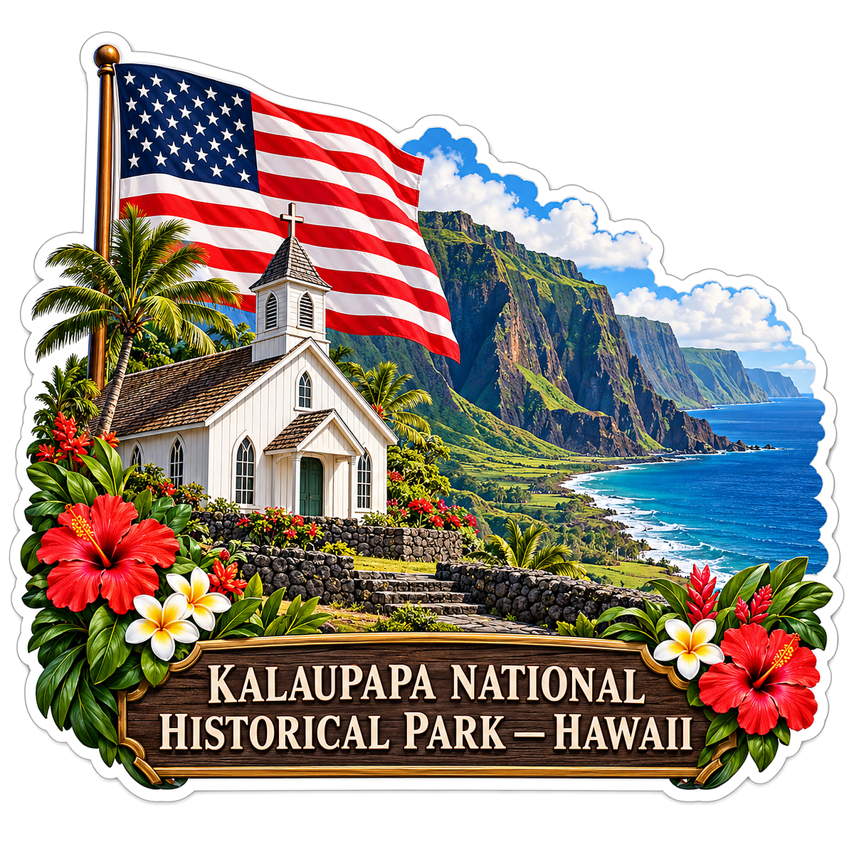 US Flag White Island Church and Sea Cliffs Vinyl Decal Stickers