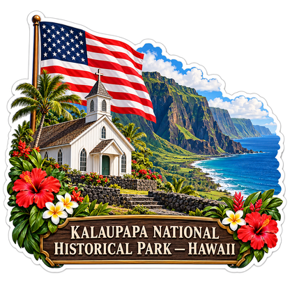 US Flag White Island Church and Sea Cliffs Vinyl Decal Stickers