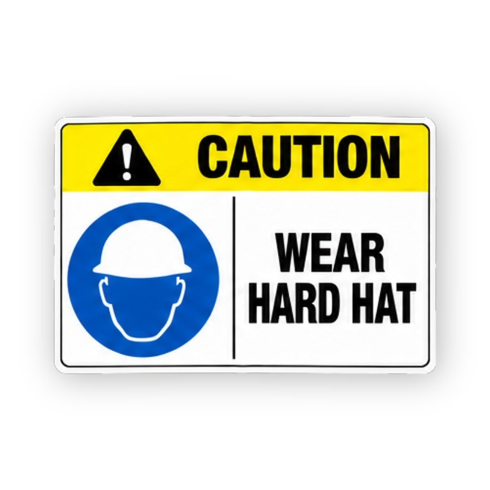 Yellow Caution Wear Hard Hat Blue Head Panel Vinyl Decal Stickers
