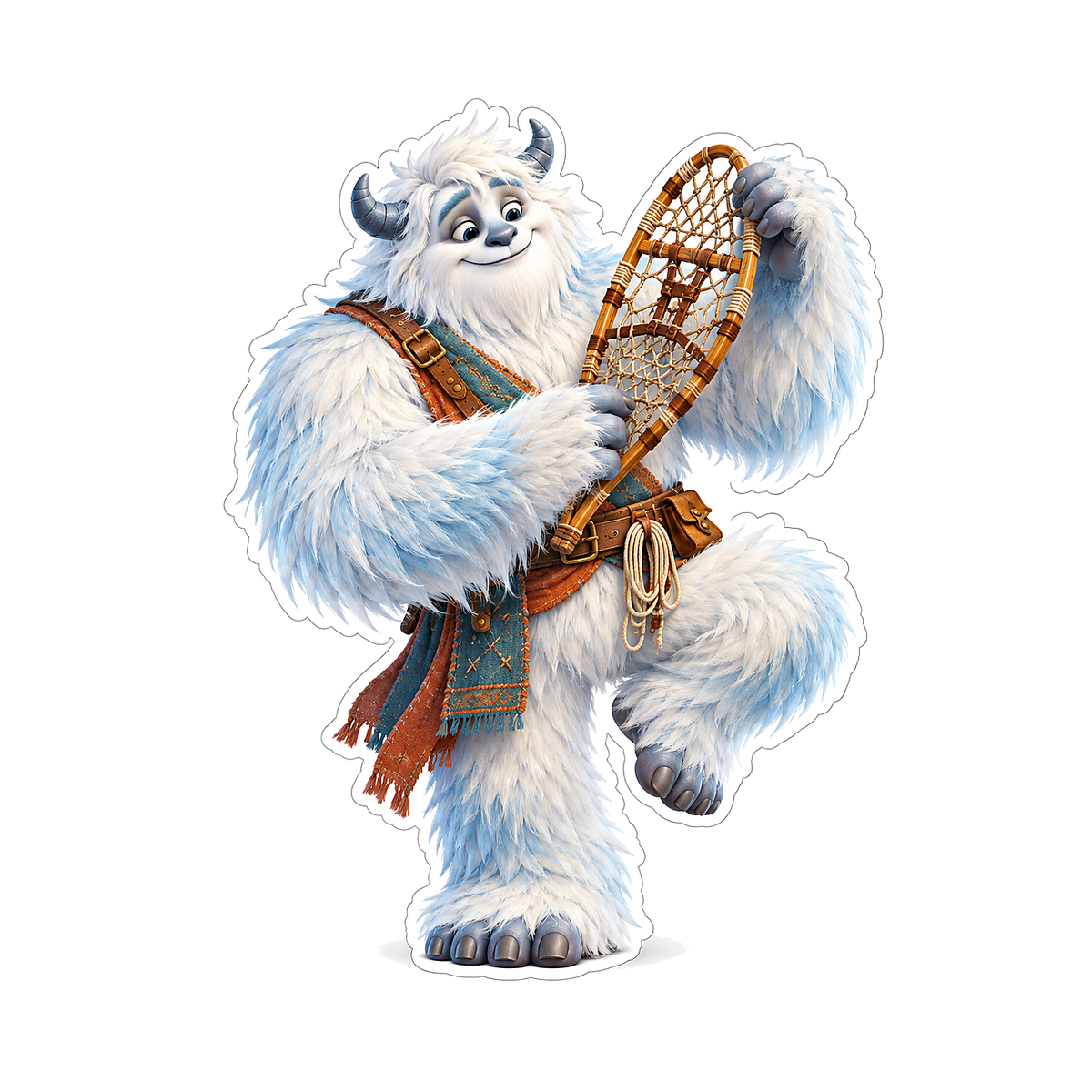 White Furry Creature Holding a Snowshoe Art Vinyl Decal Stickers