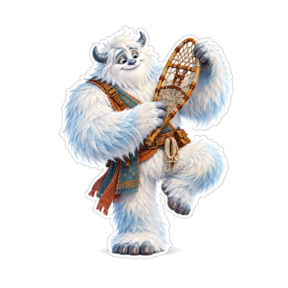 White Furry Creature Holding a Snowshoe Art Vinyl Decal Stickers