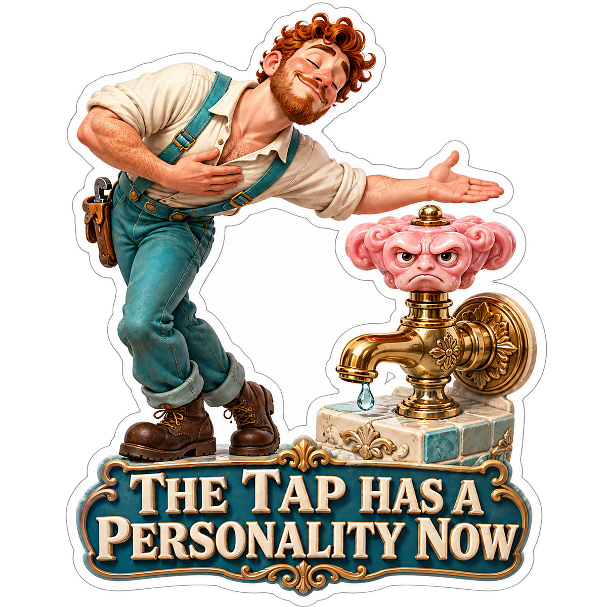 Curly Haired Man beside Brass Grumpy Tap Vinyl Decal Stickers