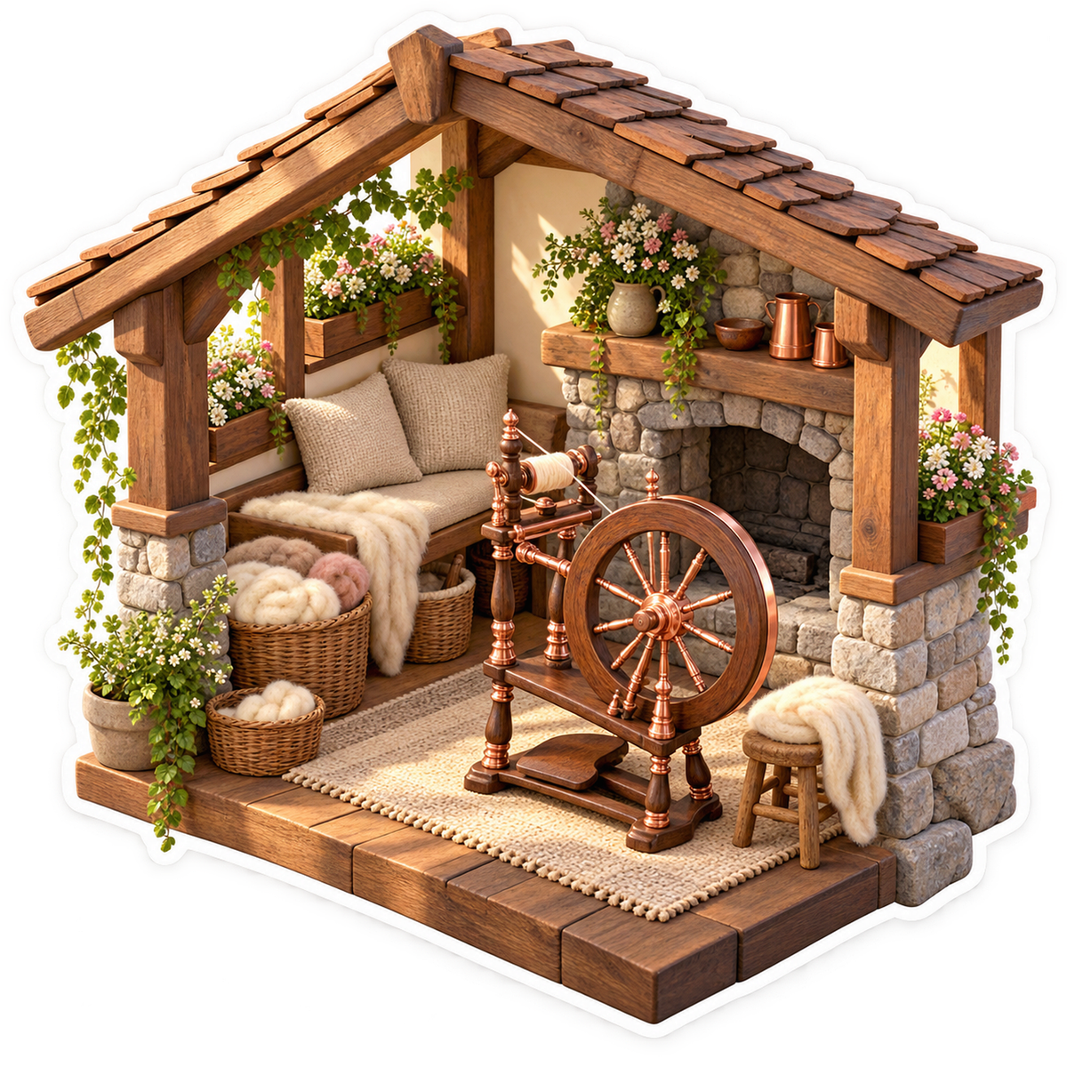 Spinning Wheel beside Cozy Cottage Fireplace Vinyl Decal Stickers
