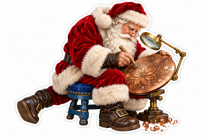 Santa Engraving a Copper Disc with Magnifier Vinyl Decal Stickers
