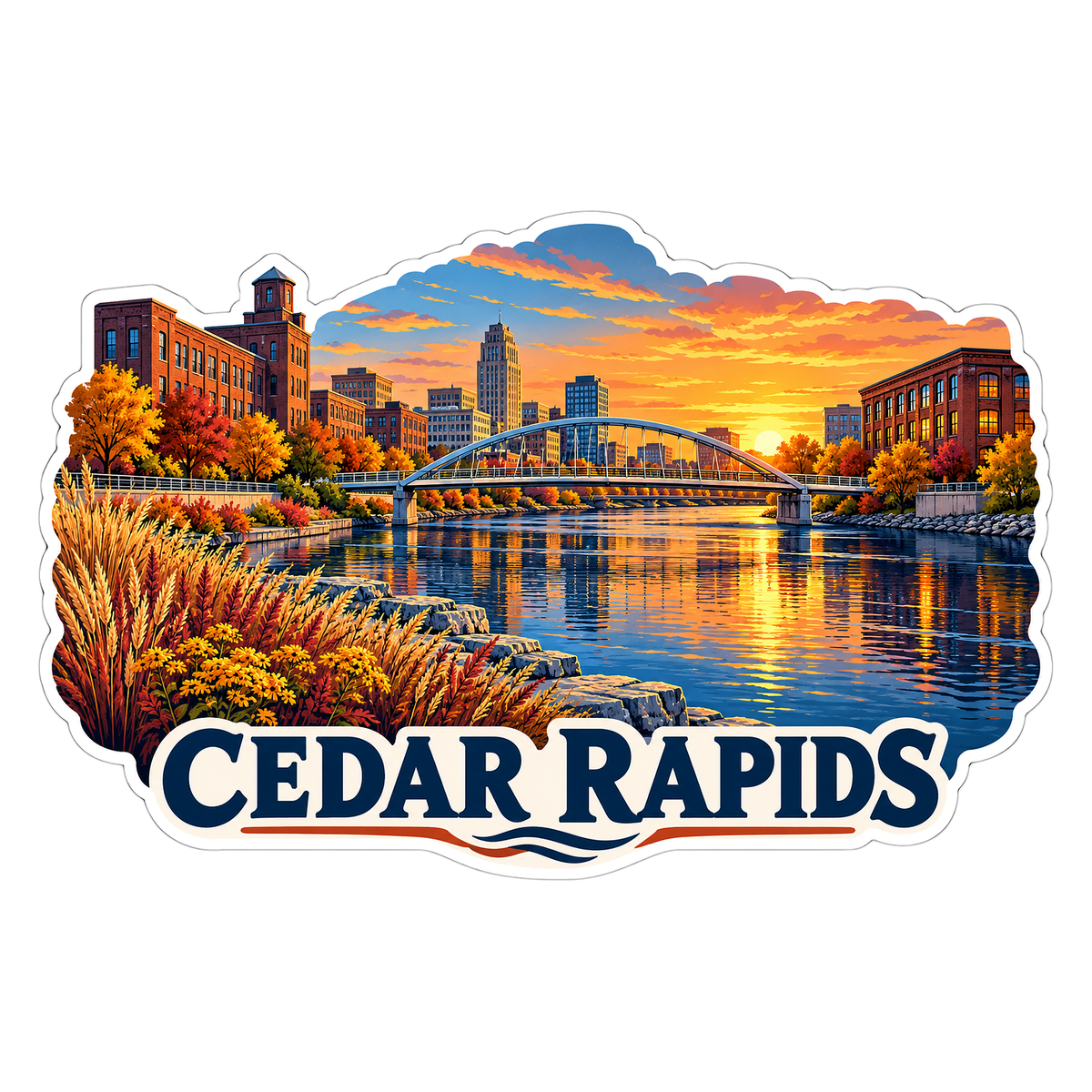 Cedar Rapids River Bridge Sunset Art Vinyl Decal Stickers