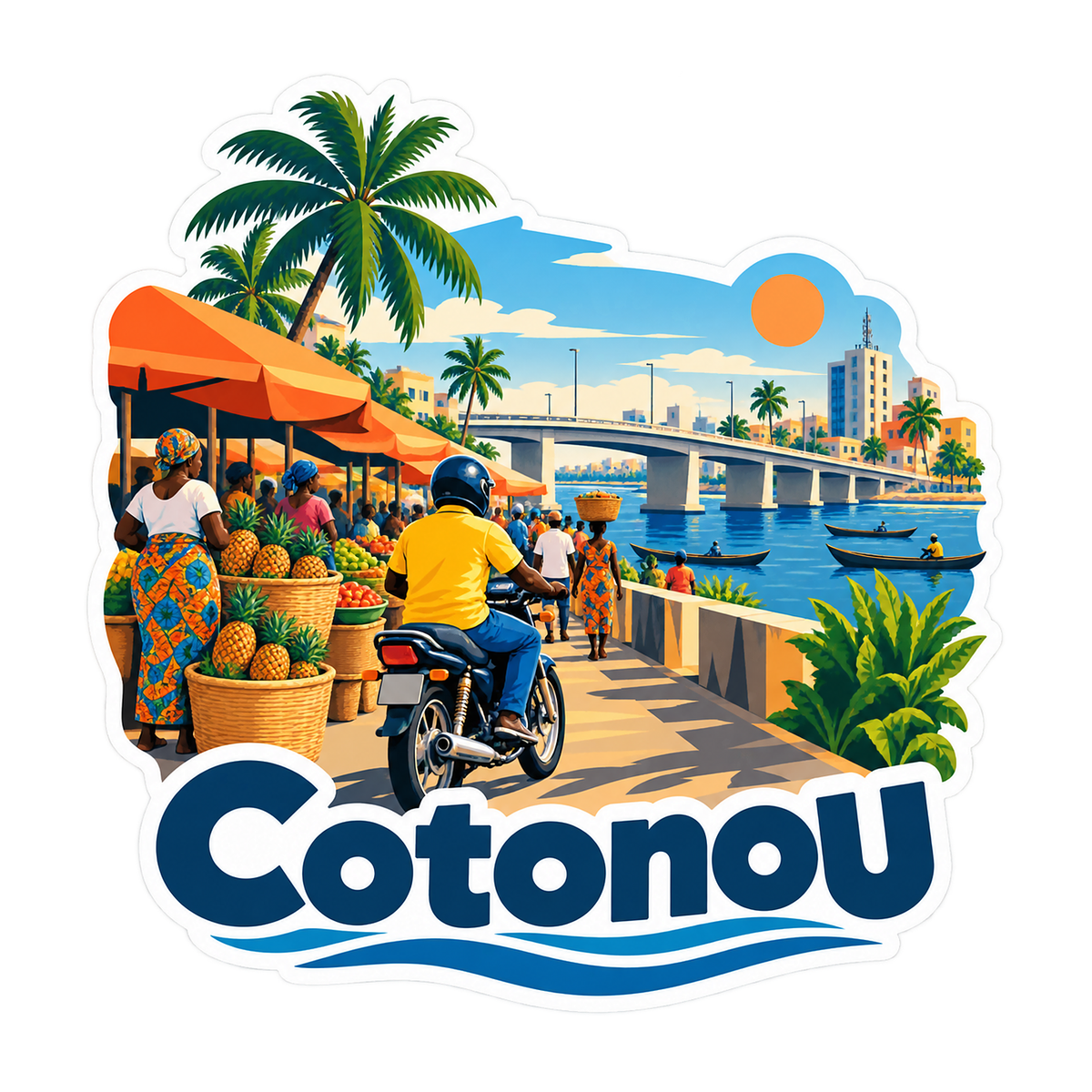 Cotonou Lagoon Market and Motorcycle Art Vinyl Decal Stickers