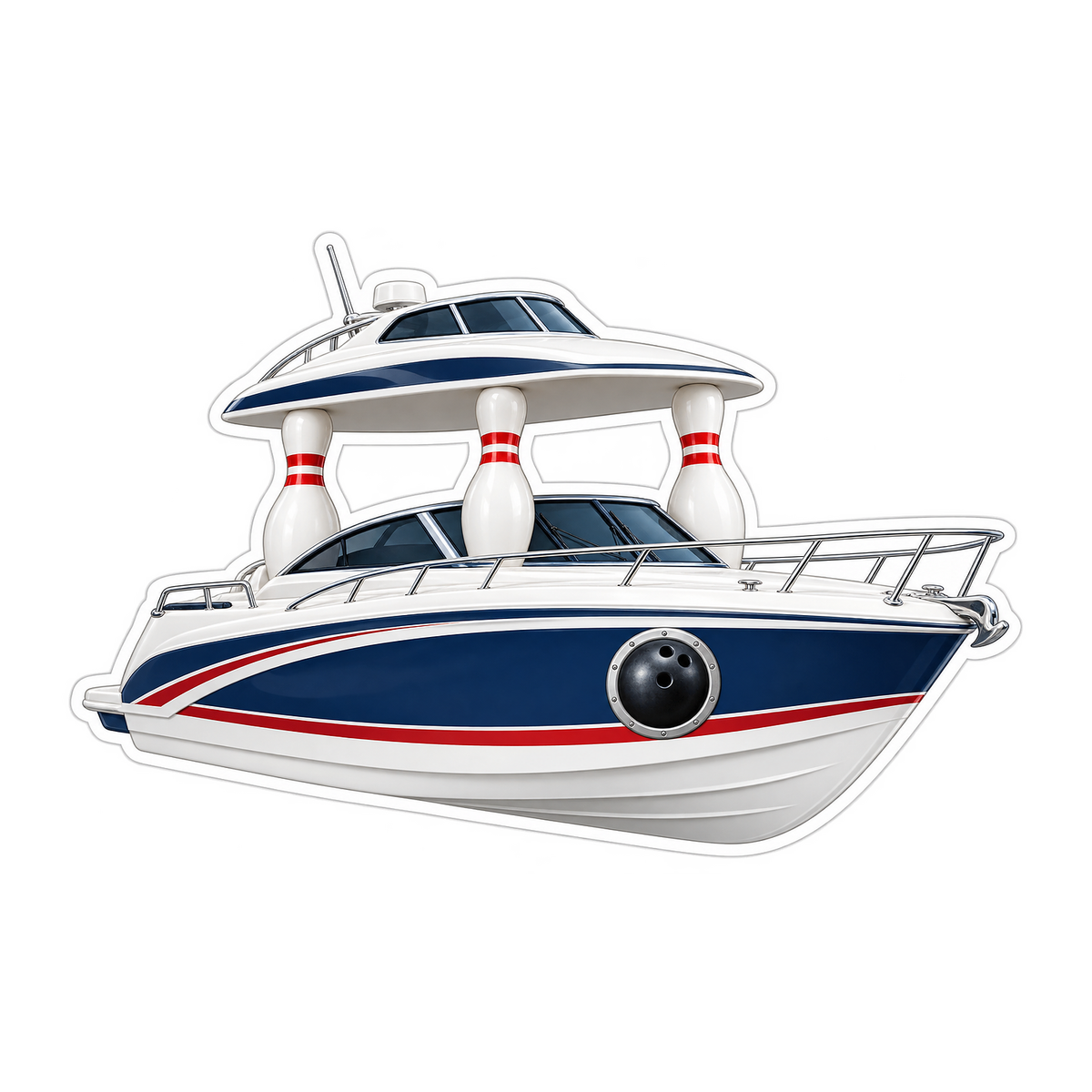 Blue Cabin Cruiser with Bowling Pins Art Vinyl Decal Stickers