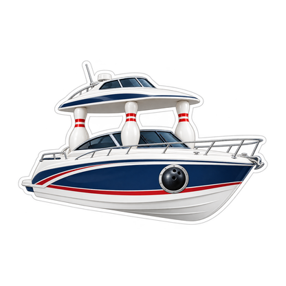 Blue Cabin Cruiser with Bowling Pins Art Vinyl Decal Stickers