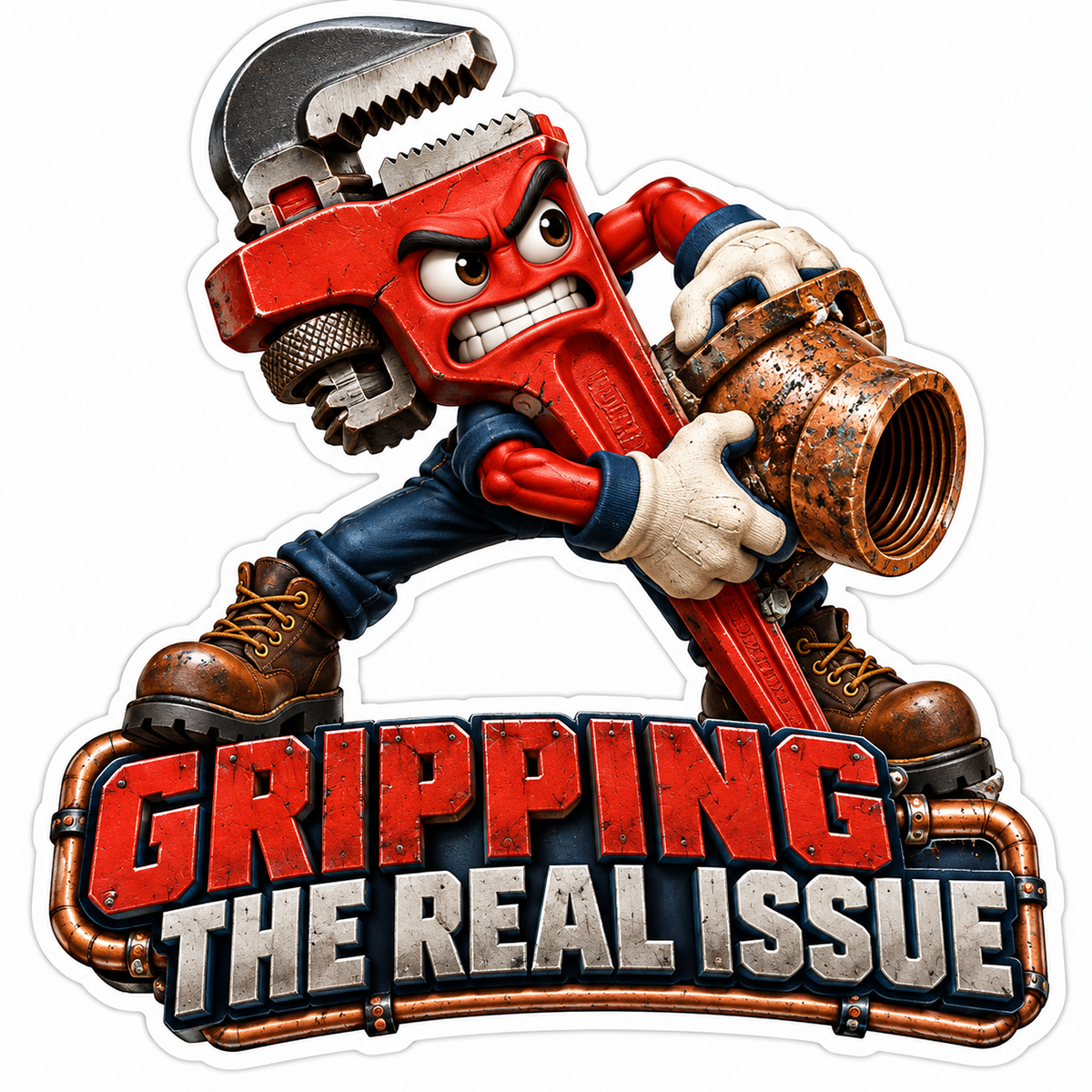Red Pipe Wrench Mascot Gripping Rusty Fitting Vinyl Decal Stickers