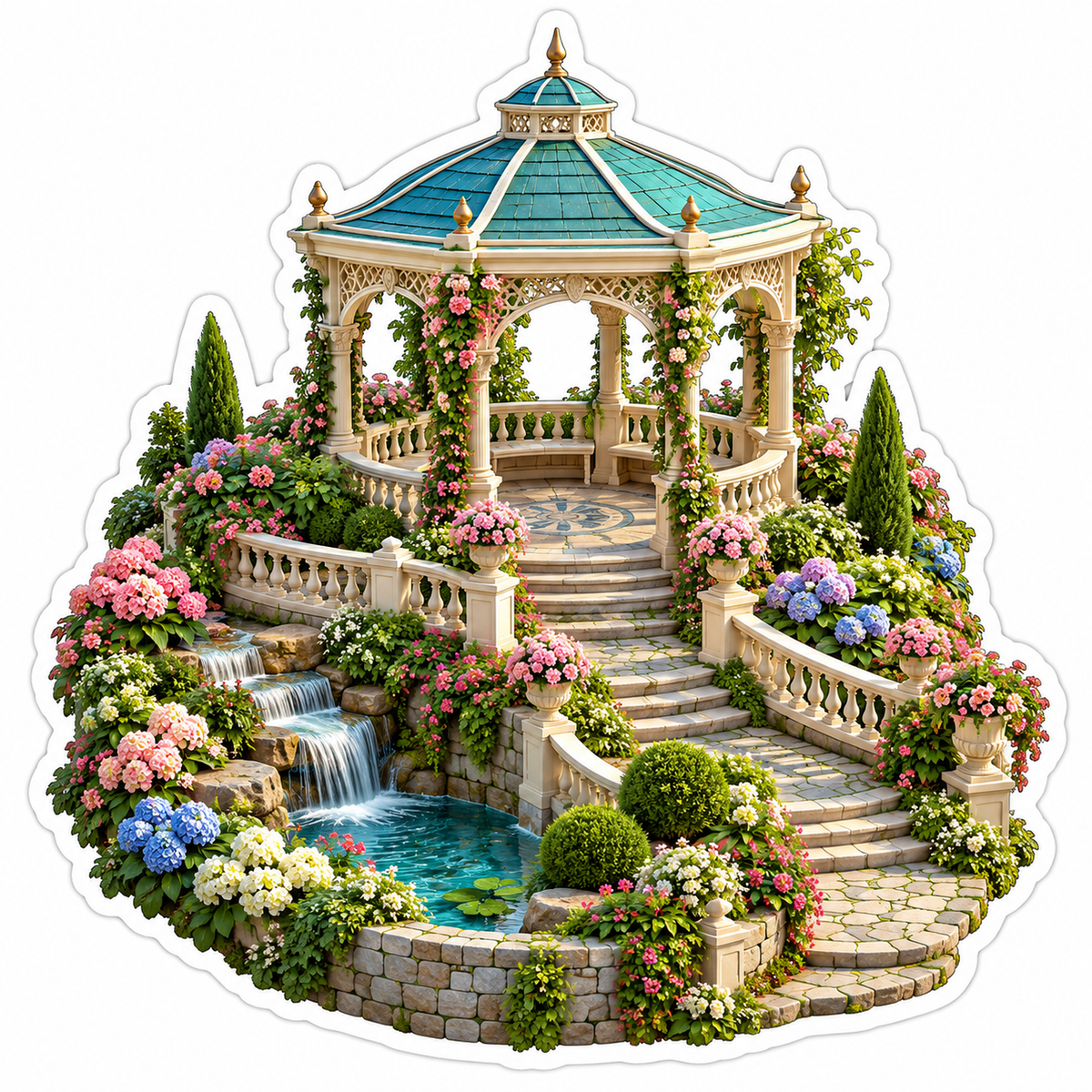 Teal Roof Gazebo With Flowers and Waterfall Art Vinyl Decal Stickers