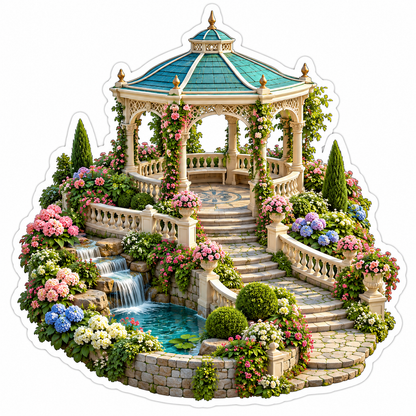 Teal Roof Gazebo With Flowers and Waterfall Art Vinyl Decal Stickers