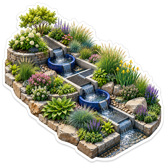 Terraced Garden With Blue Bowl Waterfalls Art Vinyl Decal Stickers