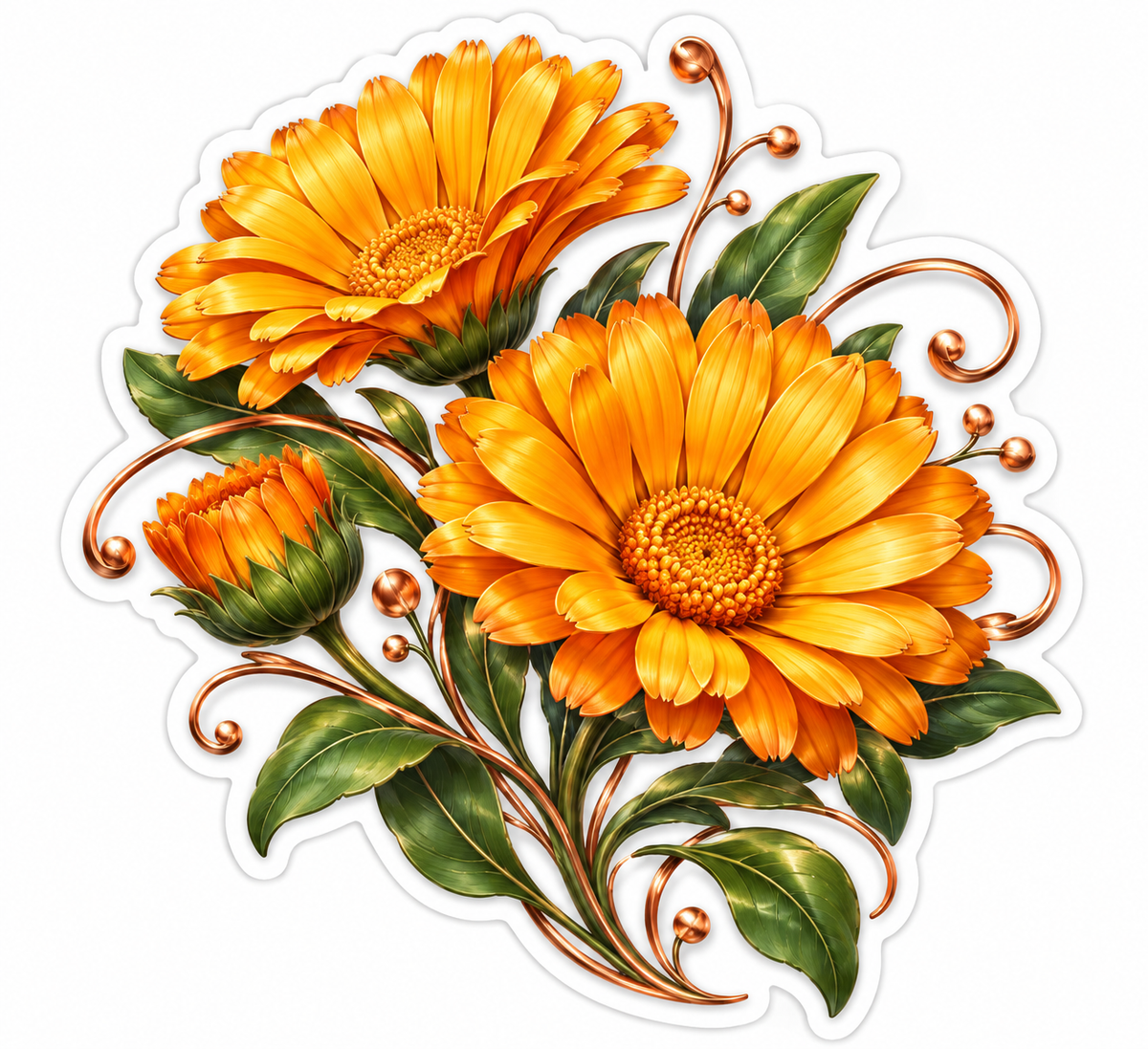 Orange Calendula Flowers Copper Flourishes Vinyl Decal Stickers