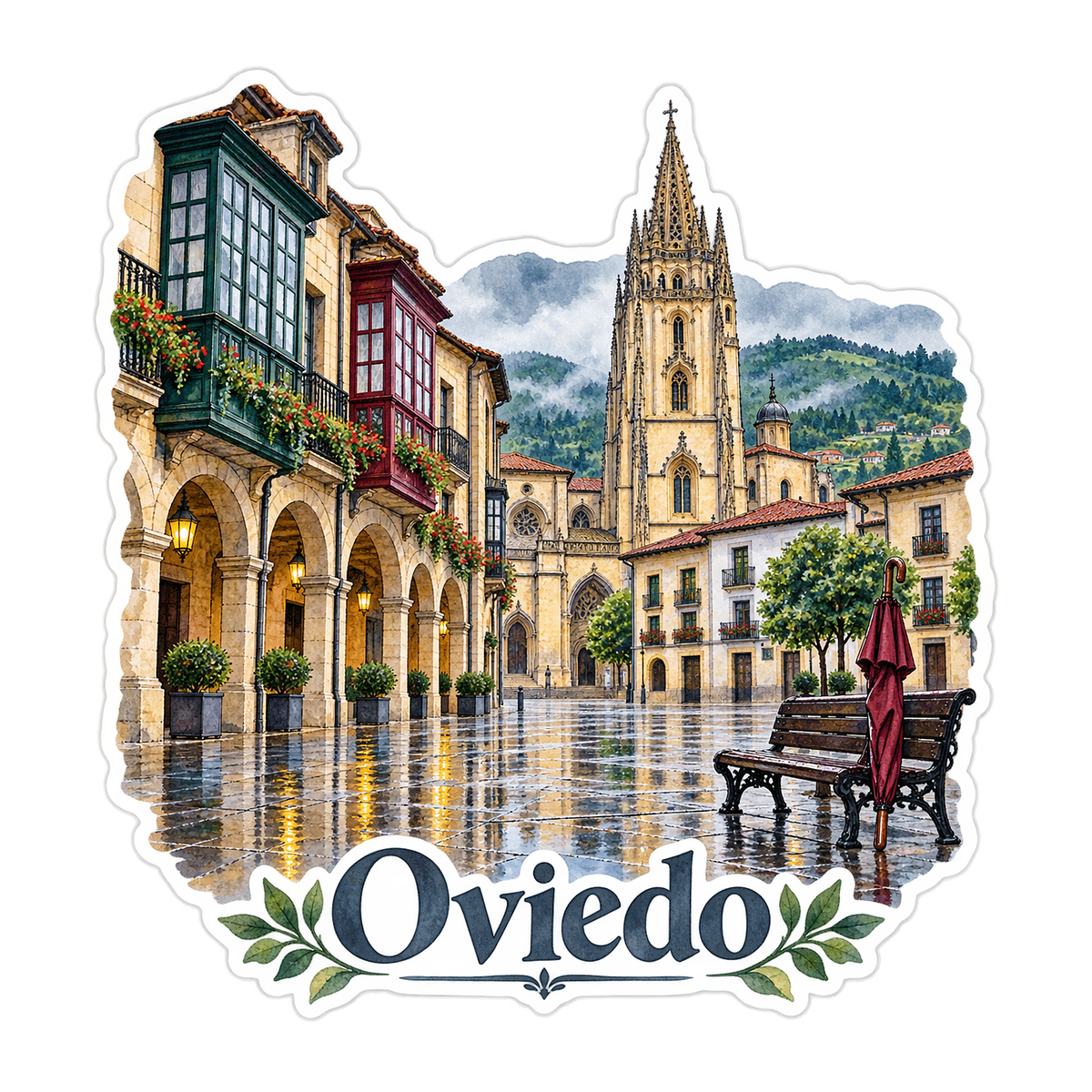 Oviedo Rainy Cathedral Square Art Vinyl Decal Stickers