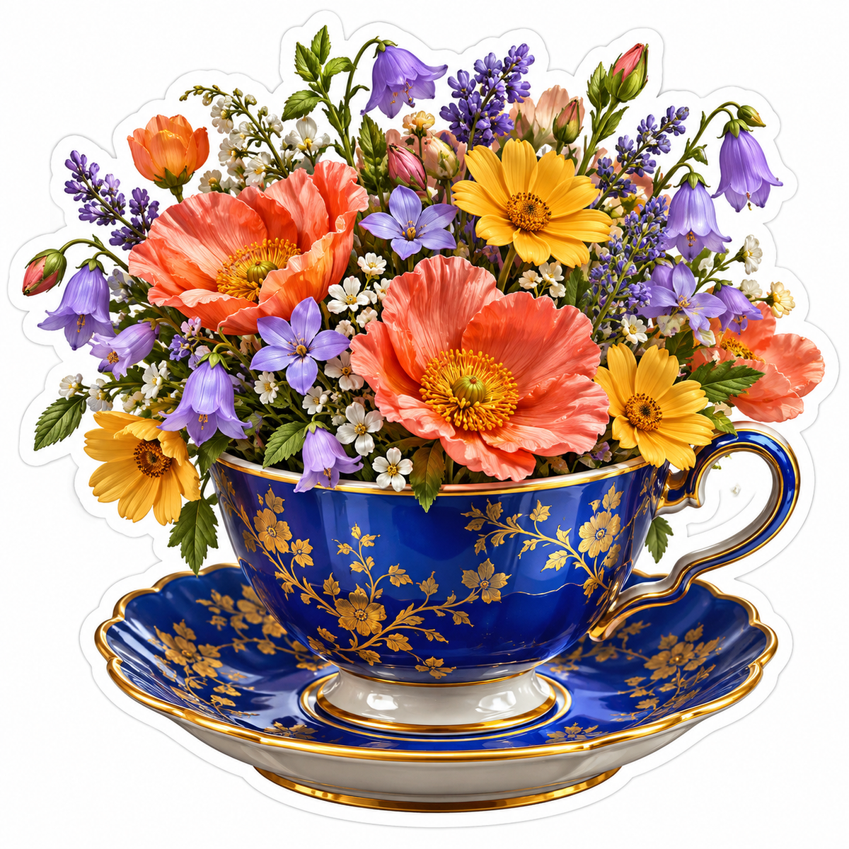 Wildflowers in Blue and Gold Teacup Vinyl Decal Stickers
