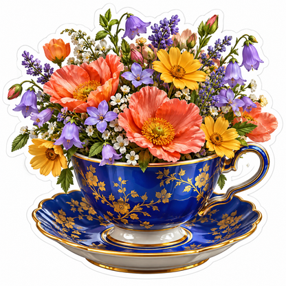 Wildflowers in Blue and Gold Teacup Vinyl Decal Stickers