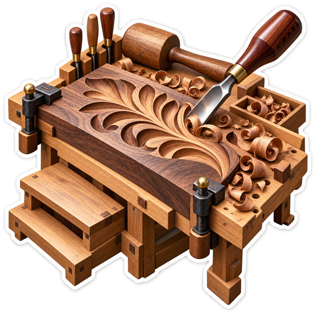 Carved Leaf Pattern Woodworking Bench Vinyl Decal Stickers
