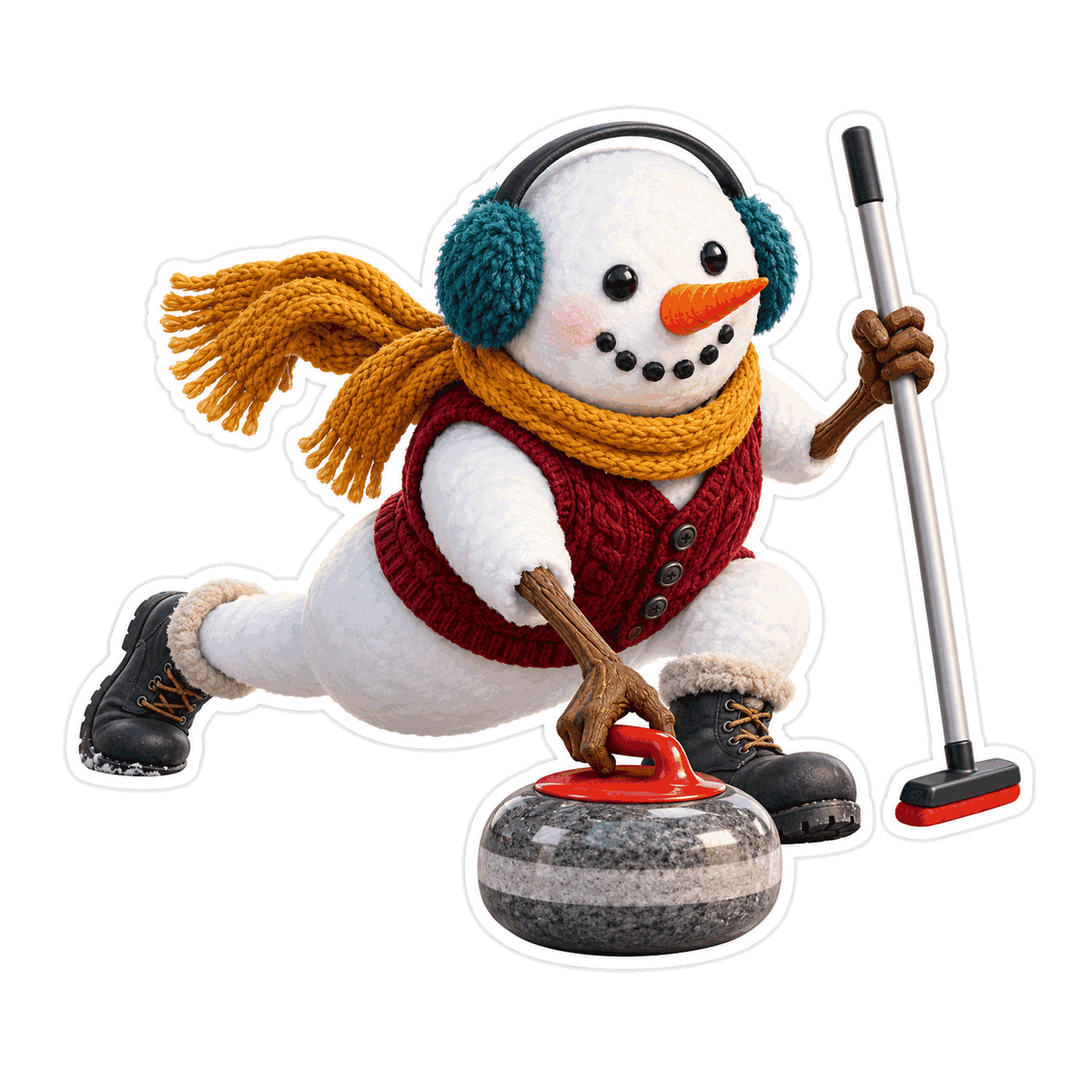 Snowman Curling With Stone and Broom Art Vinyl Decal Stickers