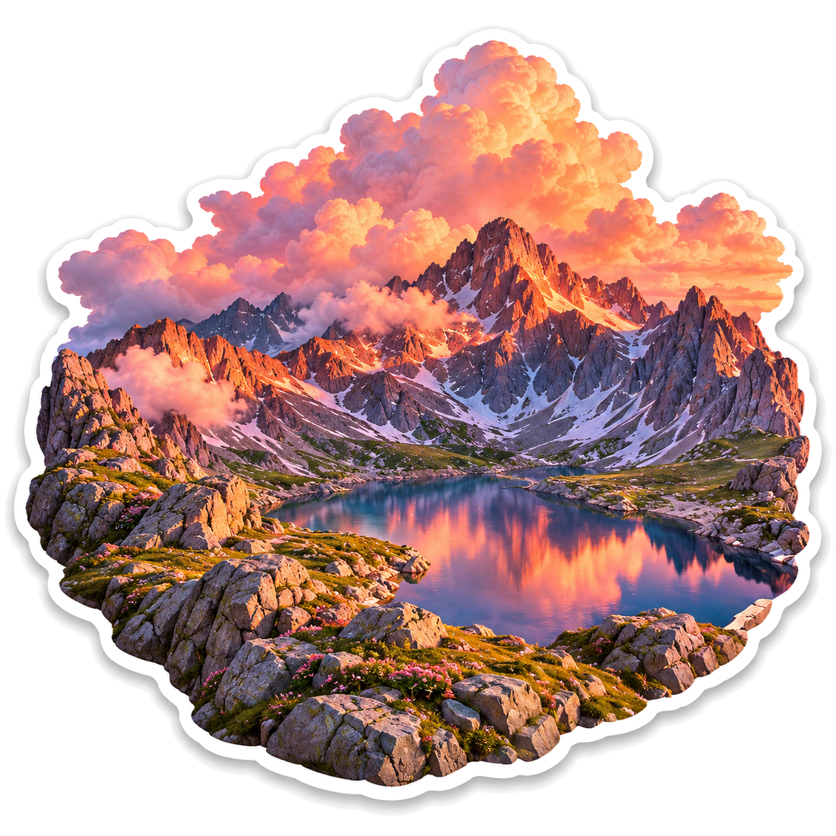 Pink Sunset Mountain Peaks around Alpine Lake Vinyl Decal Stickers