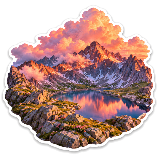 Pink Sunset Mountain Peaks around Alpine Lake Vinyl Decal Stickers
