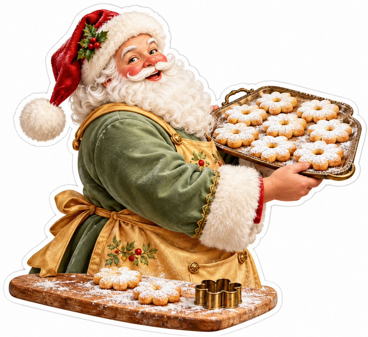 Santa Carrying a Tray of Sugar Flower Cookies Vinyl Decal Stickers
