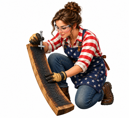Woman in Star Apron Inspecting Charred Wood Art Vinyl Decal Stickers