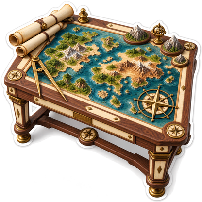 Raised Island Map on Ornate Drafting Table Vinyl Decal Stickers