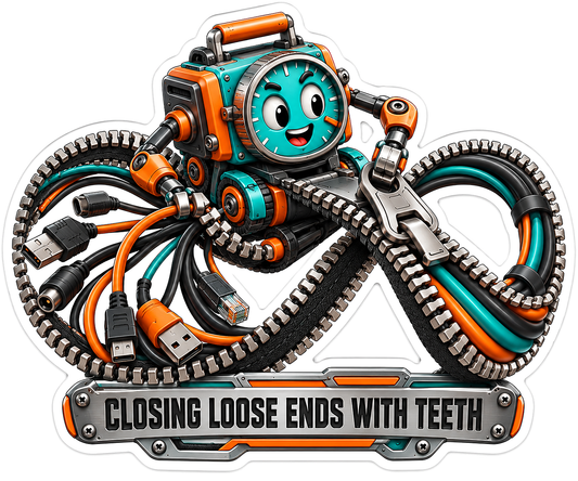 Teal Orange Robot with Multiple Zipper Arms Vinyl Decal Stickers