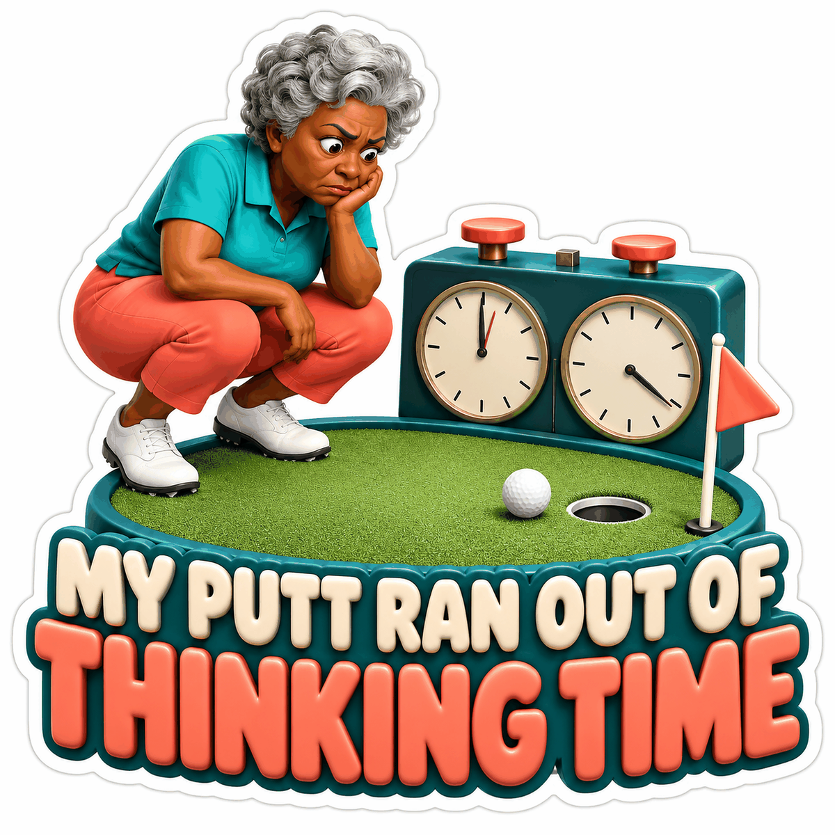 Older Woman Golfer Beside Dual Chess Clock Art Vinyl Decal Stickers