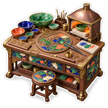 Floral Enamel Workbench with Bowls and Kiln Vinyl Decal Stickers