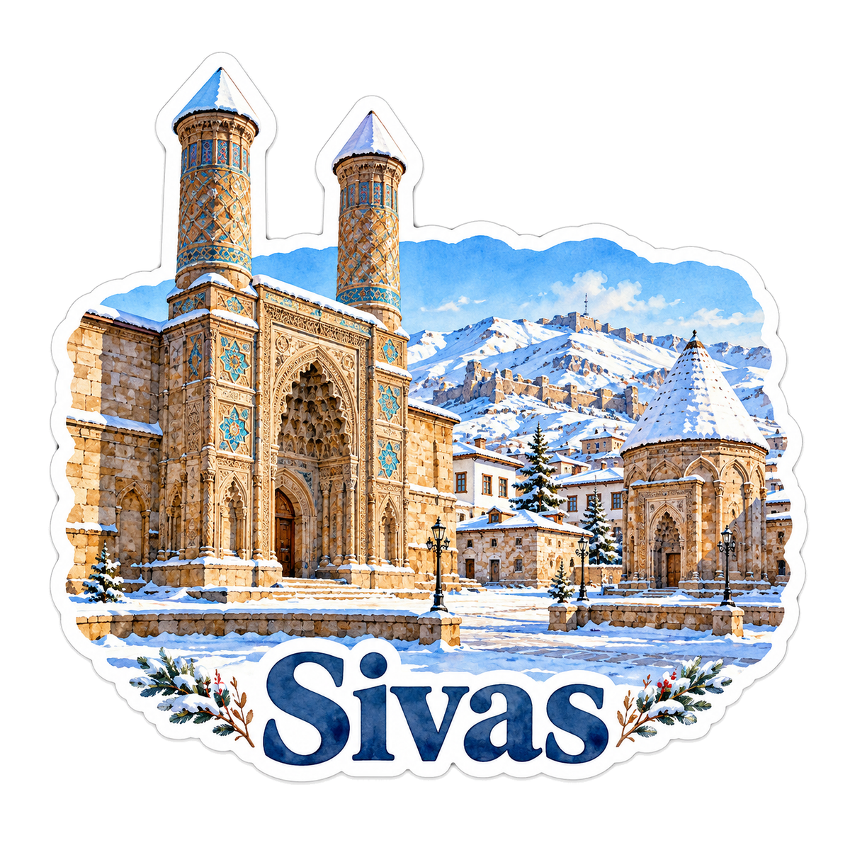 Sivas Twin Minaret Stone Gateway in Snow Vinyl Decal Stickers