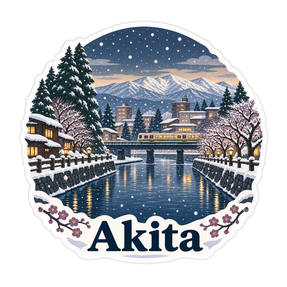 Akita Snowy Canal and Train Art Vinyl Decal Stickers