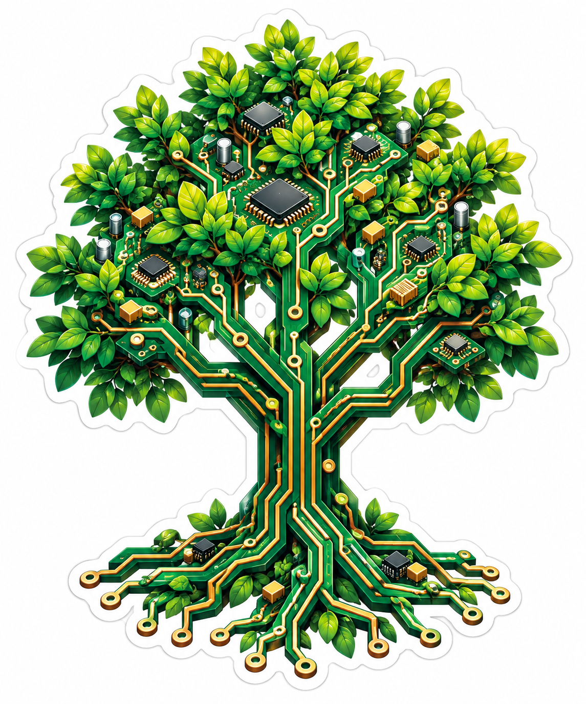 Green Leaf Tree with Circuit Board Trunk Vinyl Decal Stickers