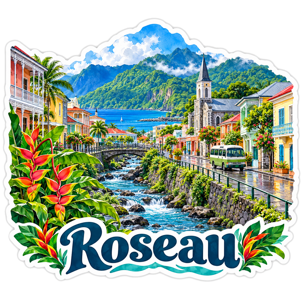 Roseau River Street with Tropical Mountains Vinyl Decal Stickers